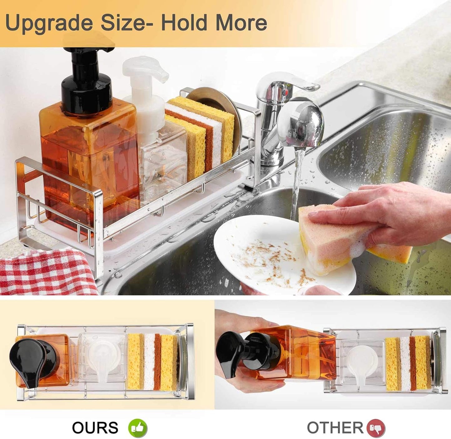 FANGSUN Large Kitchen Sponge Holder, Sink Caddy, Sponge Brush Soap Holder with Removable Tray, Not Include Soap Dispenser, Sliver