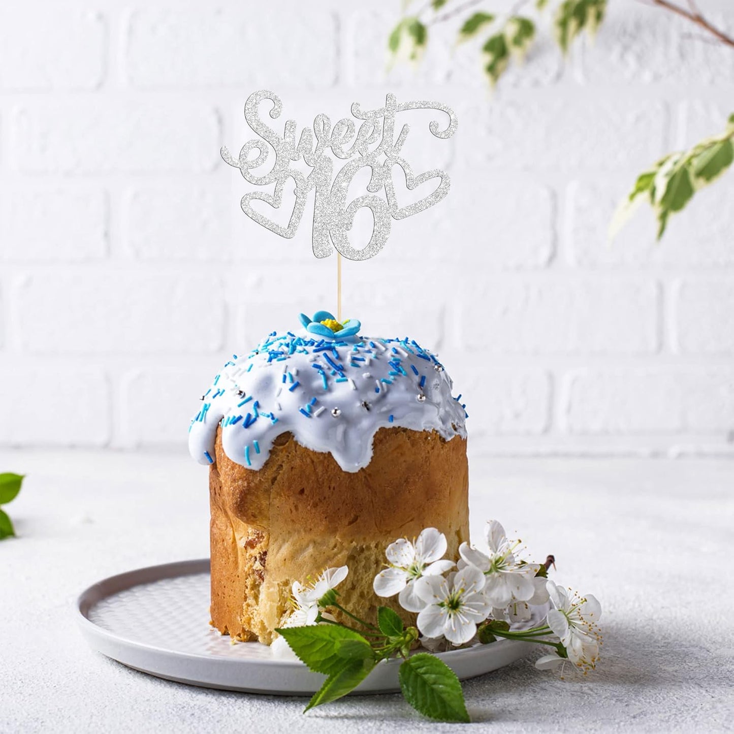 Gyufise 1Pc Sweet Teenager 16 Cake Topper Glitter 16th Birthday Cake Pick for Cheers to 16 Years Old 16th Birthday Party Cake Decorations Supplies Sliver