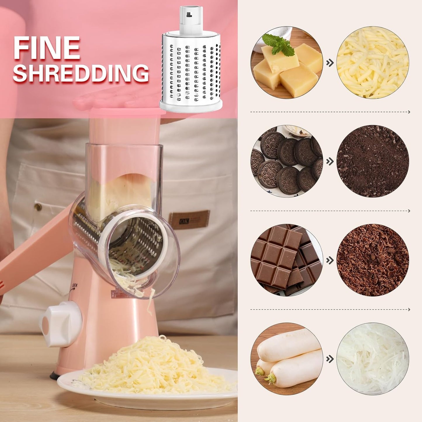 Cambom Rotary Cheese Grater Hand Crank Cheese Shredder for Fresh Cheese, Vegetable, Nuts,Non-slip Suction Base, Free Cleaning Brush Three Blades, Pink