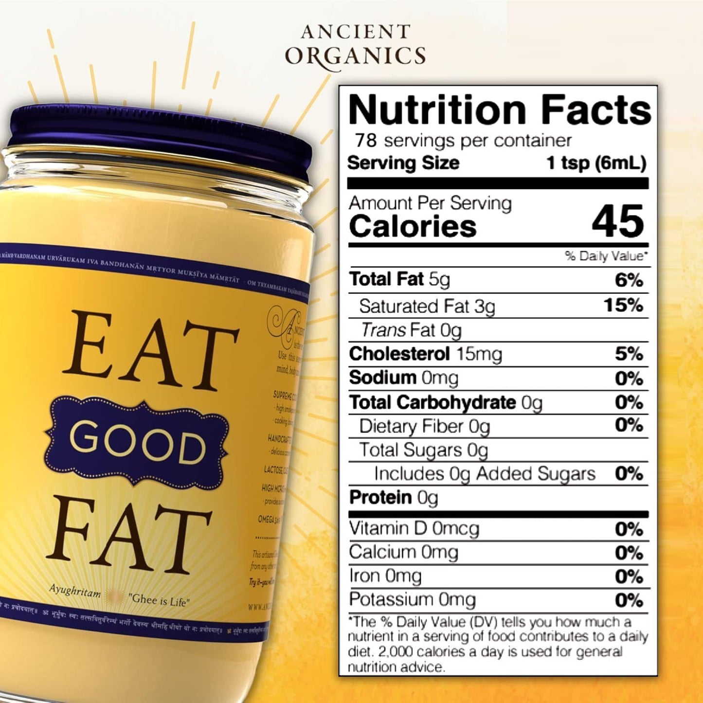 Ancient Organics Ghee, Organic Grass Fed Ghee Butter – Gluten Free Ghee, Clarified Butter, Vitamins & Omegas, Lactose Reduced, 100% Certified Organic, Kosher, USDA Certified – 16 Fl Oz (Pack of 1)