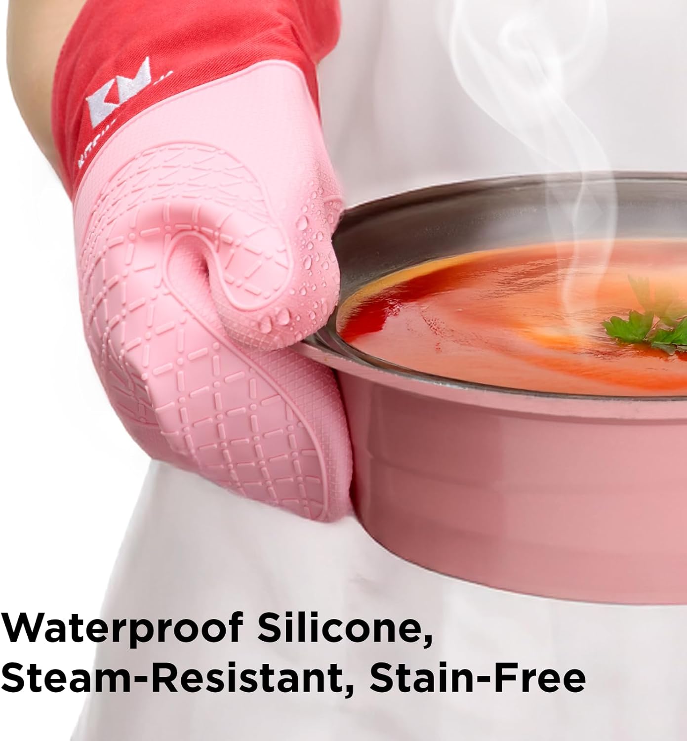 Kitchen Mama UltraShield Silicone Oven Mitts – Heat Resistant, Non-Slip Surface, Durable, Safe, Pot Holders, Flexible Waterproof Glove Set, Perfect for Cooking, Baking, Grilling, BBQ (Red)