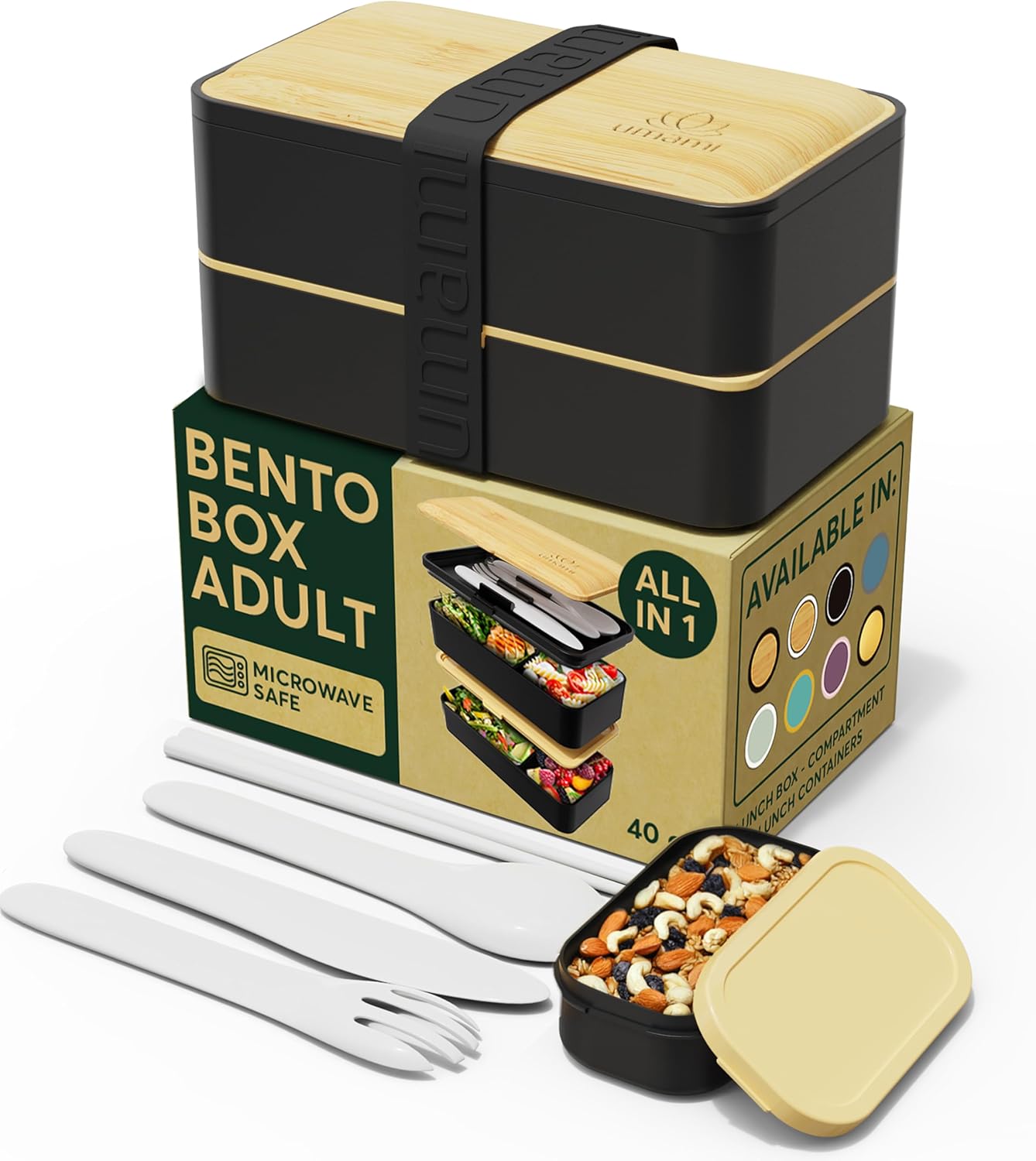 Umami Bento Box Adult All-In-1 w/4 Utensils, Big Sauce Jar, 2 Dividers, 100% Leakproof, Microwave & Dishwasher Safe, Stackable Bento Lunch Box Containers for Men/Women, Black & Bamboo, 40 oz