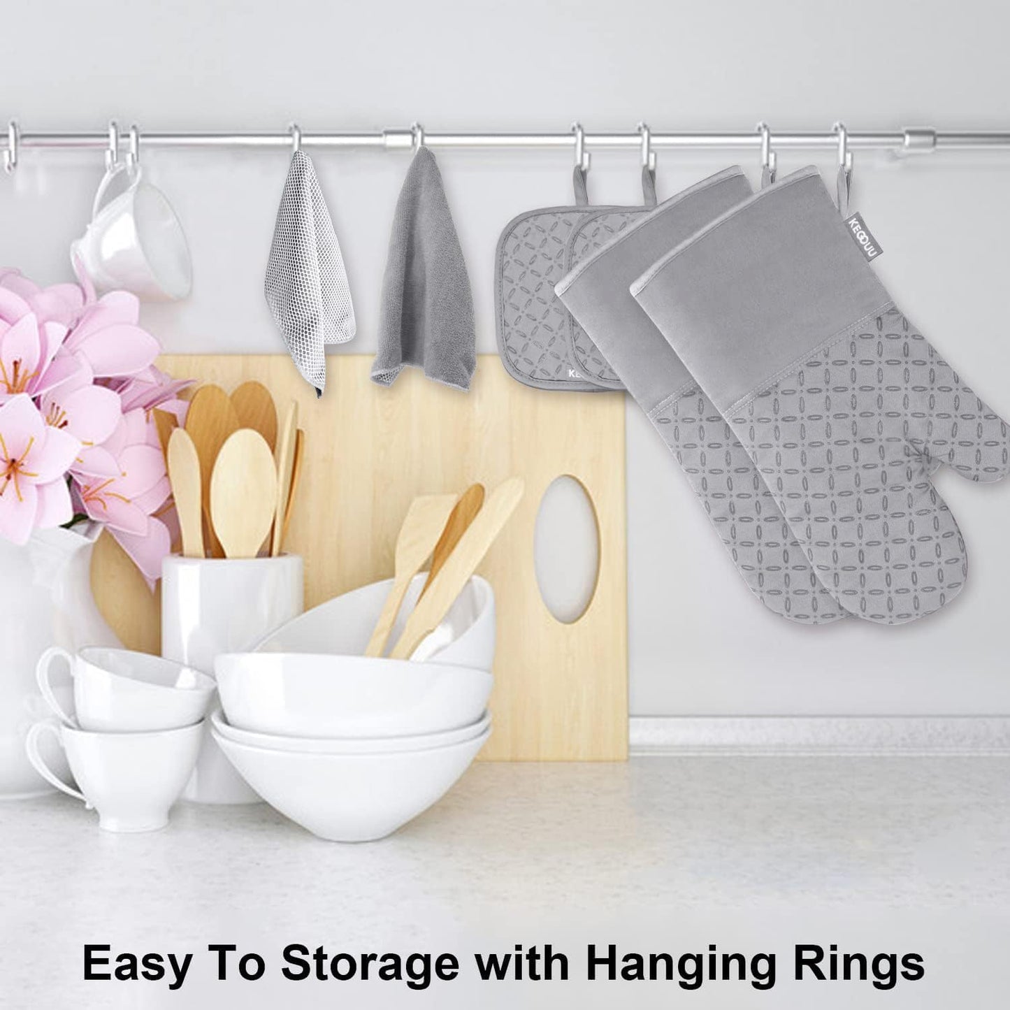 KEGOUU Oven Mitts and Pot Holders 6pcs Set, Kitchen Oven Glove High Heat Resistant 500 Degree Extra Long Oven Mitts and Potholder with Non-Slip Silicone Surface for Cooking (Light Gary)