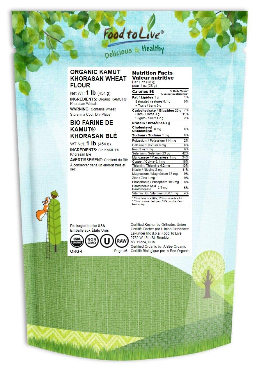 Food to Live Organic KAMUT Khorasan Wheat Flour, 1 Pound – Stone Ground Powder, 100% Whole Grain Meal, Non-GMO, Kosher, Bulk