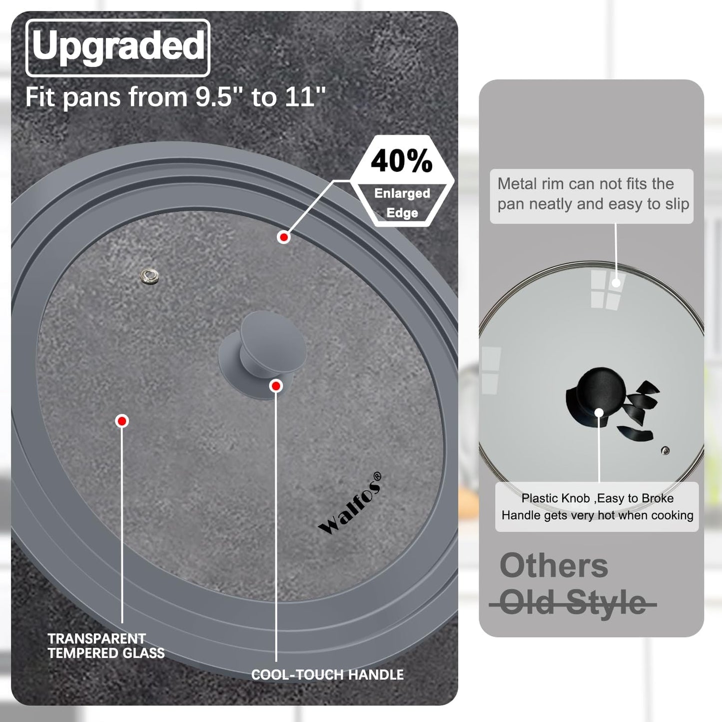 Universal Lid for Pots, Pans and Skillets - Walfos Tempered Glass Pan Lid with Heat Resistant Silicone Rim, BPA Free Large Pot Lids Fits 9.5", 10" and 11" Diameter Cookware, Dishwasher-Safe, Grey