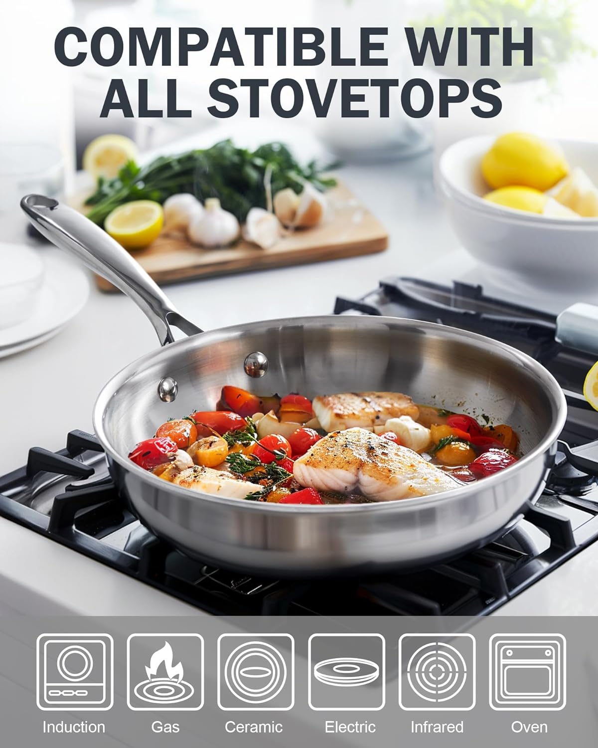 Cooks Standard Stainless Steel Frying Pan 12 Inch, Multi-Ply Full Clad Wok Stir-Fry Cooking Skillet Pans with Dome Lid, Stay-Cool Handle, Dishwasher Safe, Oven Safe 500°F, Silver