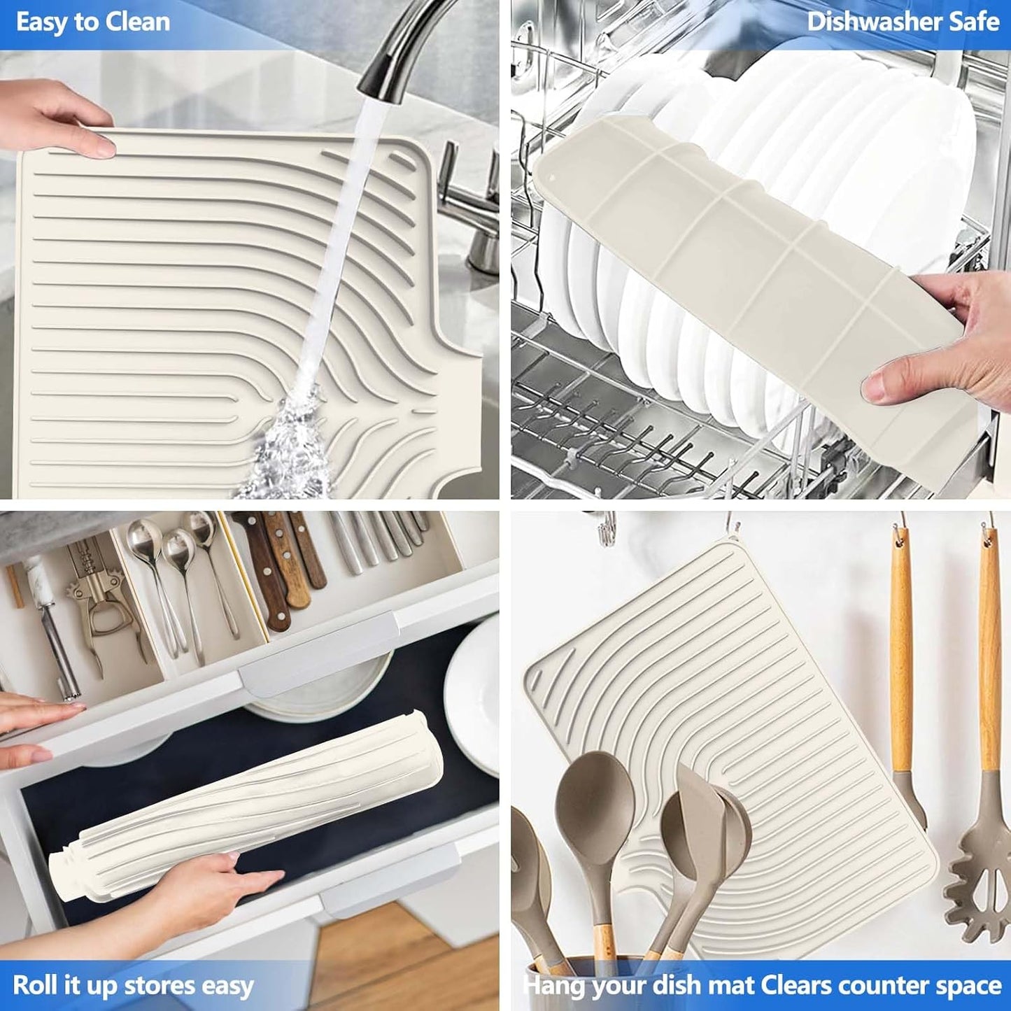 Silicone Dish Drying Mat for Kitchen Counter with Built-in Drain, Easy Clean Pad for Countertop Protection, Fast Self-Draining Slope, Non-Slip, Multiple Use 17.7 x 11.8 Inch ( Tapioca)