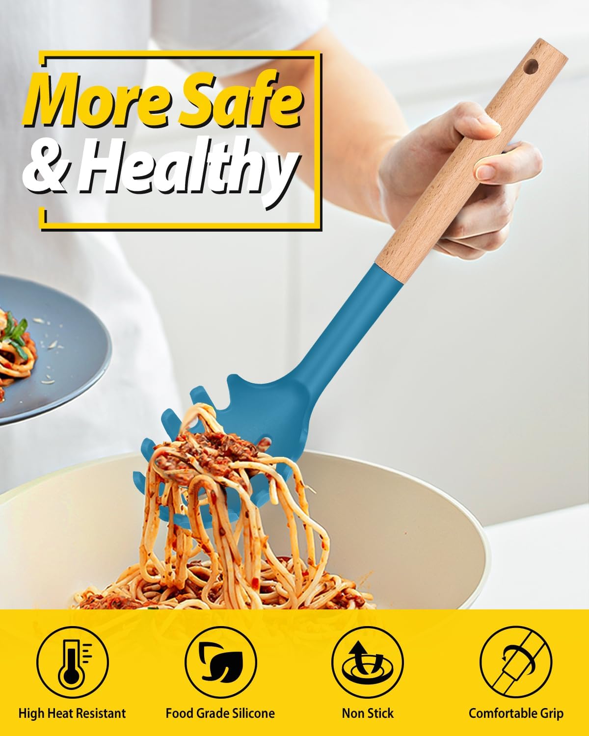 Silicone Pasta Fork and Ladle Spoon Set with Wooden Handle, Heat Resistant Non Stick Kitchen Utensils for Cooking, Stirring, Serving Spaghetti, Soup, Sauce(BLUE)