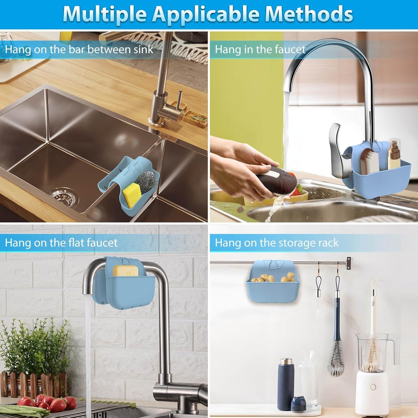 Sponge Holder for Kitchen Sink, Silicone Sink Saddle Caddy Organizer Rack, Sponges Holder Over Faucet, Hanging Kitchen Organizer Accessories Rack Basket Light Blue