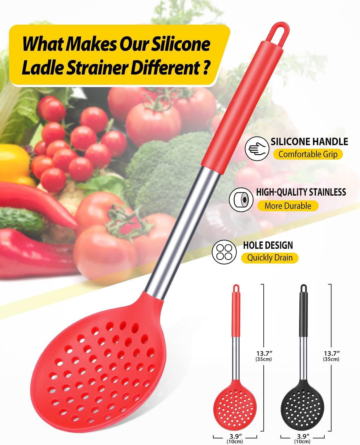 Kitchen Ladle Strainer Set of 2 Large Slotted Spoon with High Heat Resistant BPA Free Non Stick Cooking Skimmers For Draining and Frying (Black and Red)