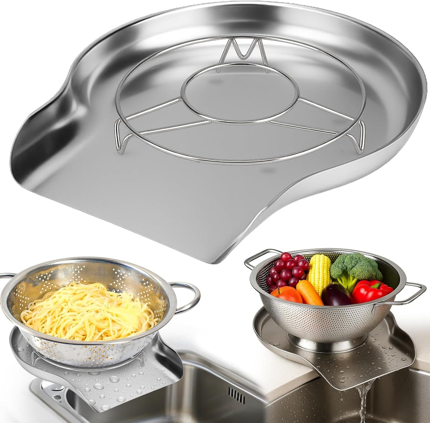 Palksky Colander and Strainer Self Drainer Base Plate Stainless Steel for Kitchen, Metal Countertop Draining Tray for Pasta Rice Noodle Fruit Veggie Food Strainer & Ceramic Colander