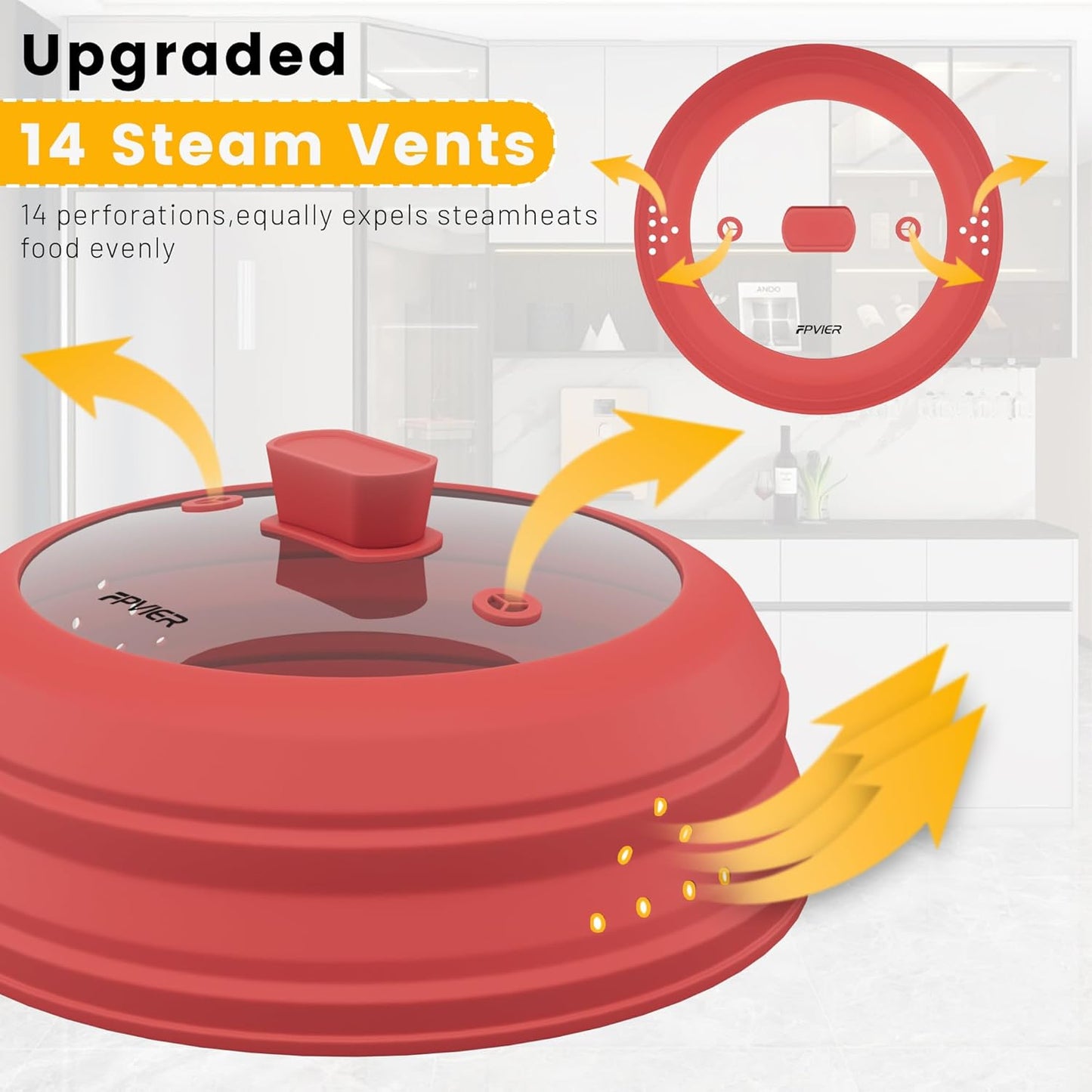 Microwave Splatter Cover, Vented Silicone and Glass Cover Splatter Guard Lid, Food Collapsible Plate Cover Lid with Easy Grip Handle. (Red, 9 inch)