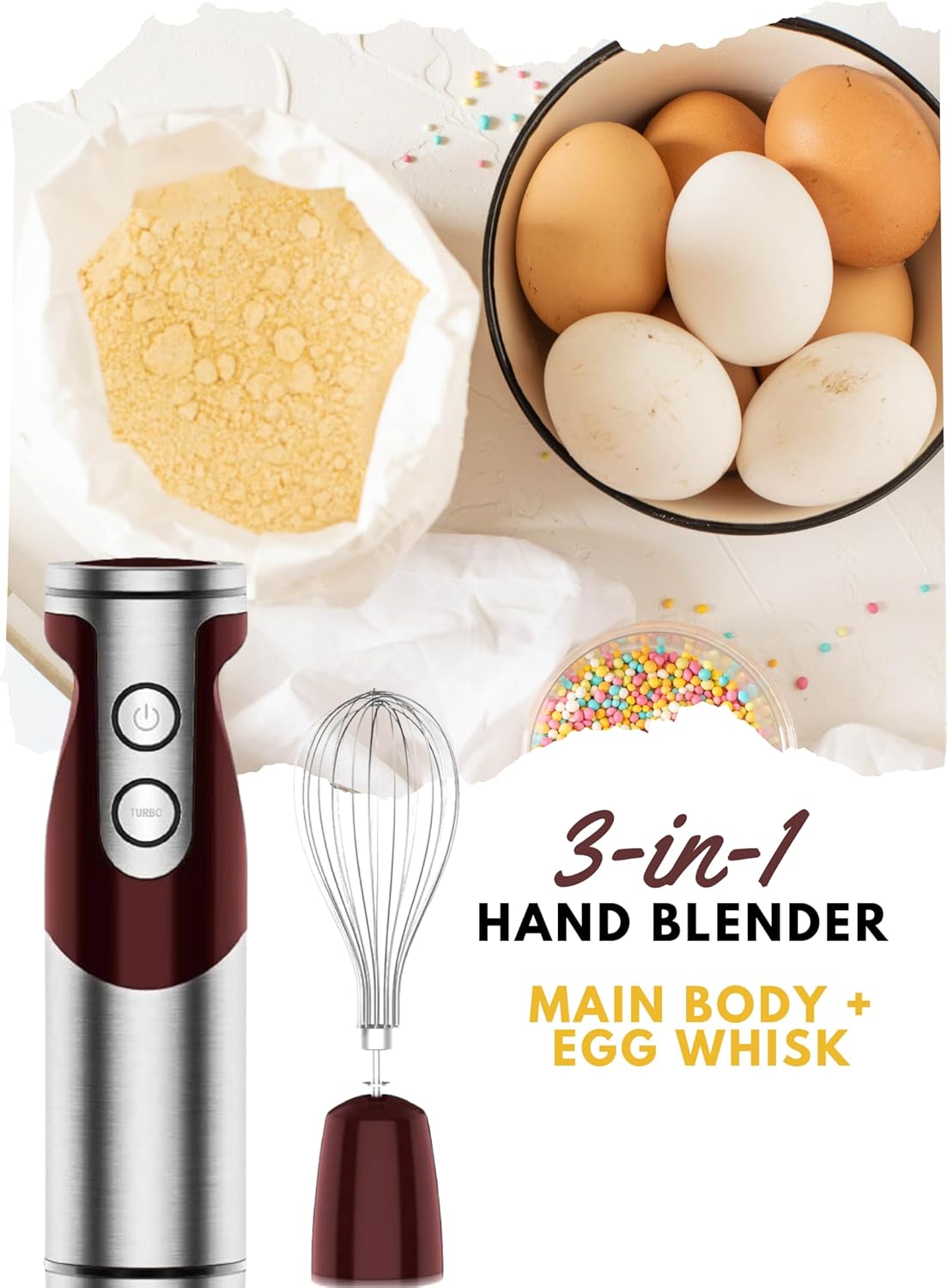 Megawise 3-in-1 Hand Blender – 12-Speed, Includes Powerful Blender Stick, Whisk, and Milk Frother – Easy to Clean and Perfect for Smoothies, and More (Red)