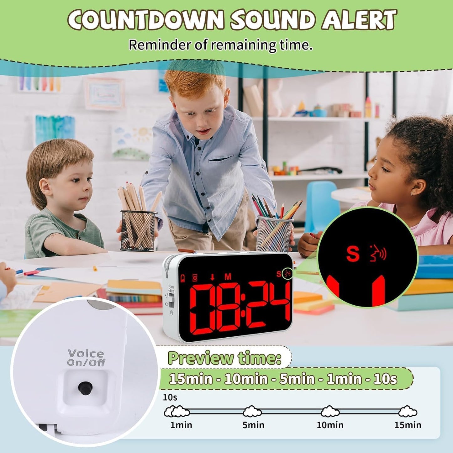 Digital Timer for Kids, 199min 59s Countdown/Up, Rechargeable, Magnetic, 3 Brightness Display, 3 Volume Levels and Vibration, with Sound Alert Function, for Kitchen, Classroom, Study, Fitness