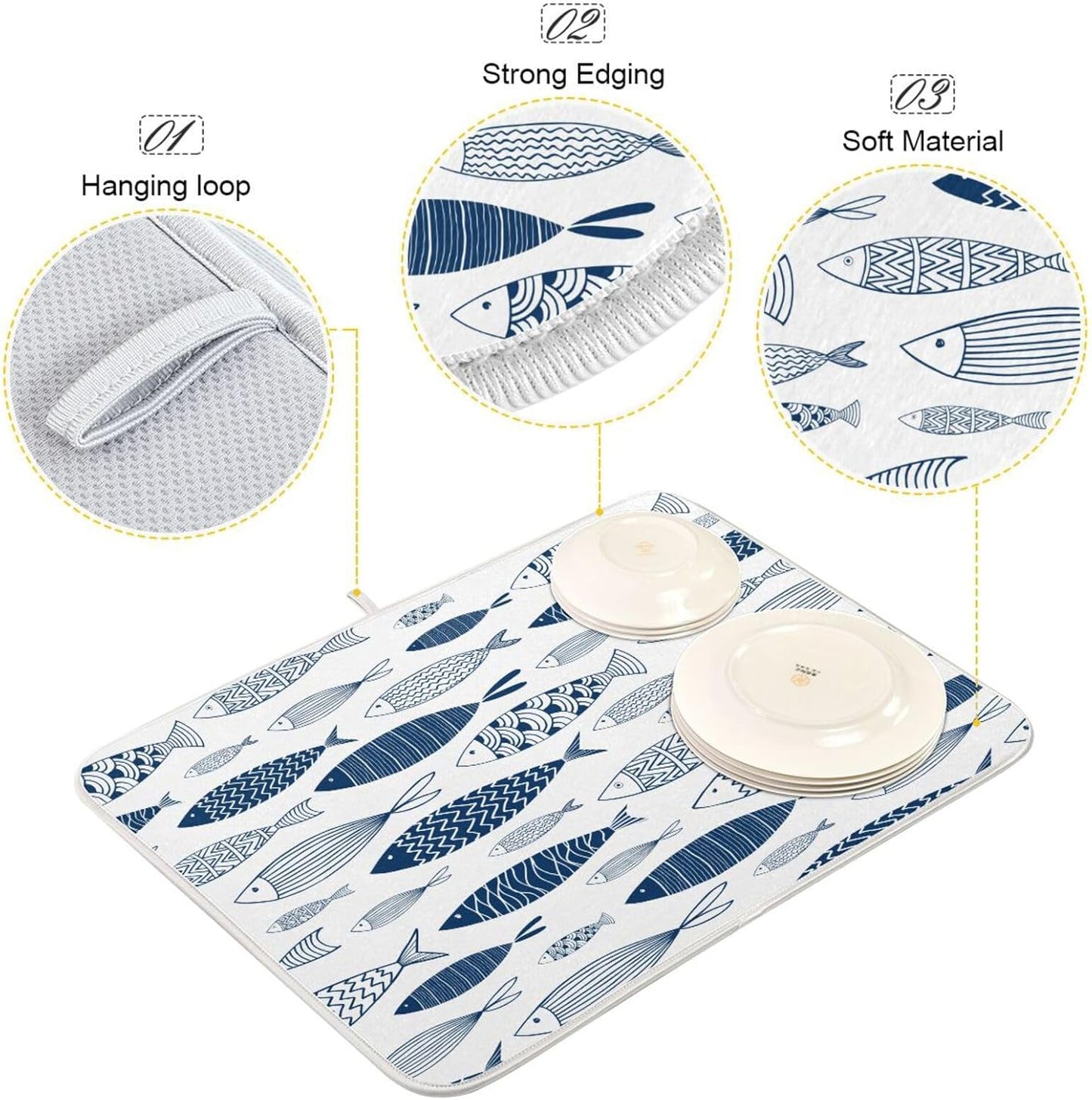 Cartoon Fish Dish Drying Mat for Kitchen Counter Absorbent Microfiber Drying Pad, Large 18x24 in, Reversible Drainer Mats