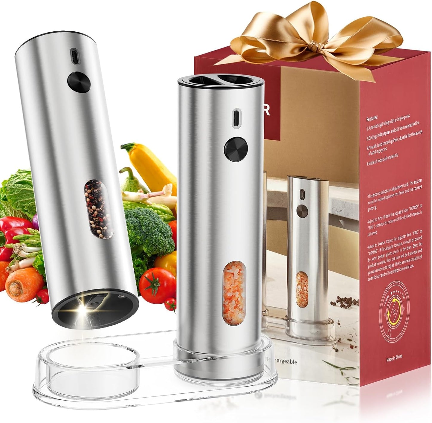 Electric Salt and Pepper Grinder Set Rechargeable Automatic Pepper Grinder Mill Stainless Steel with Base Upgraded Large Capacity, Powered Salt Shakers, LED Light & Adjustable Coarseness,Kitchen Gift