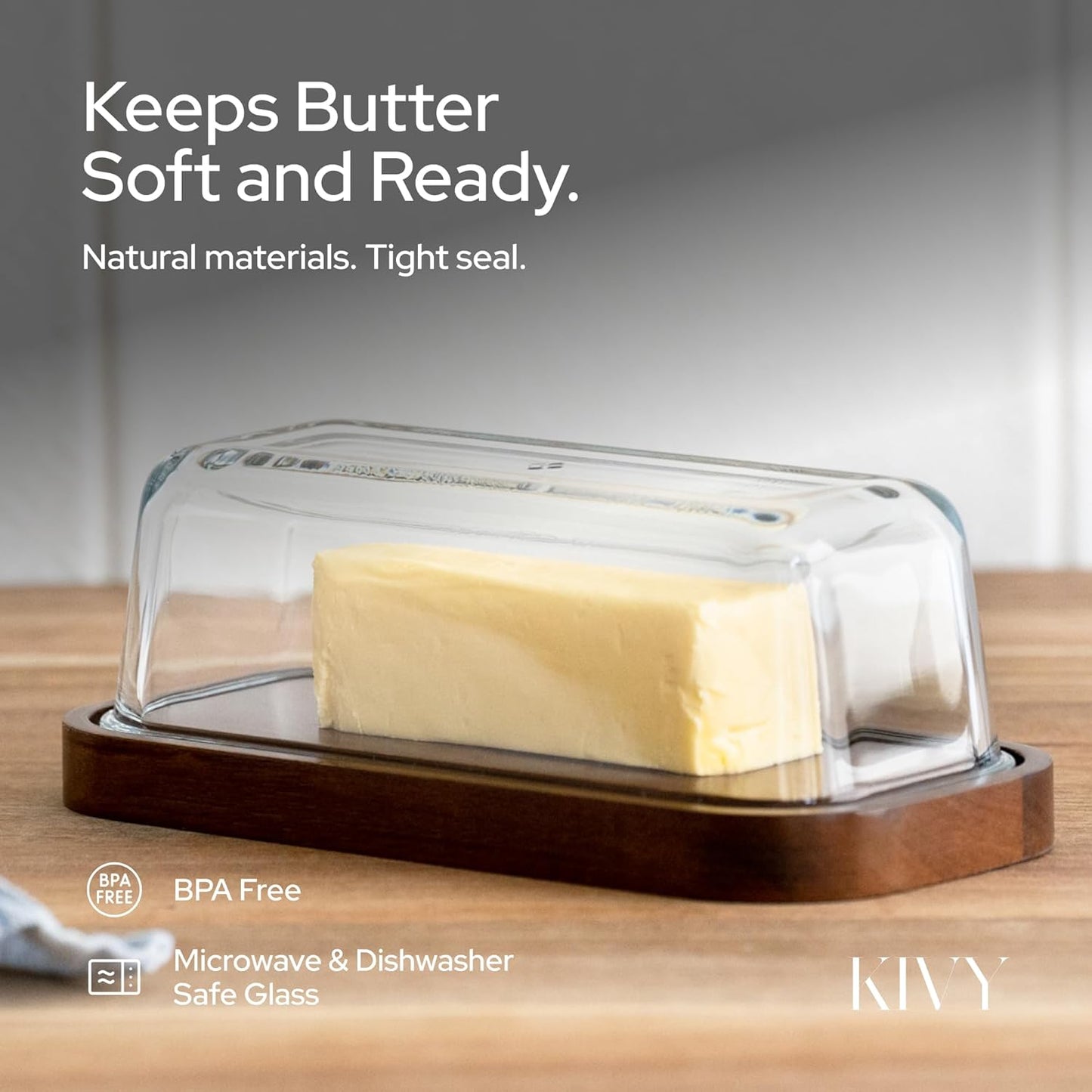 KIVY Glass butter dish with airtight lid that keeps butter soft - For countertop and refrigerator door shelf - Butter tray fridge - Butter holder for counter - Covered butter dishes with lid