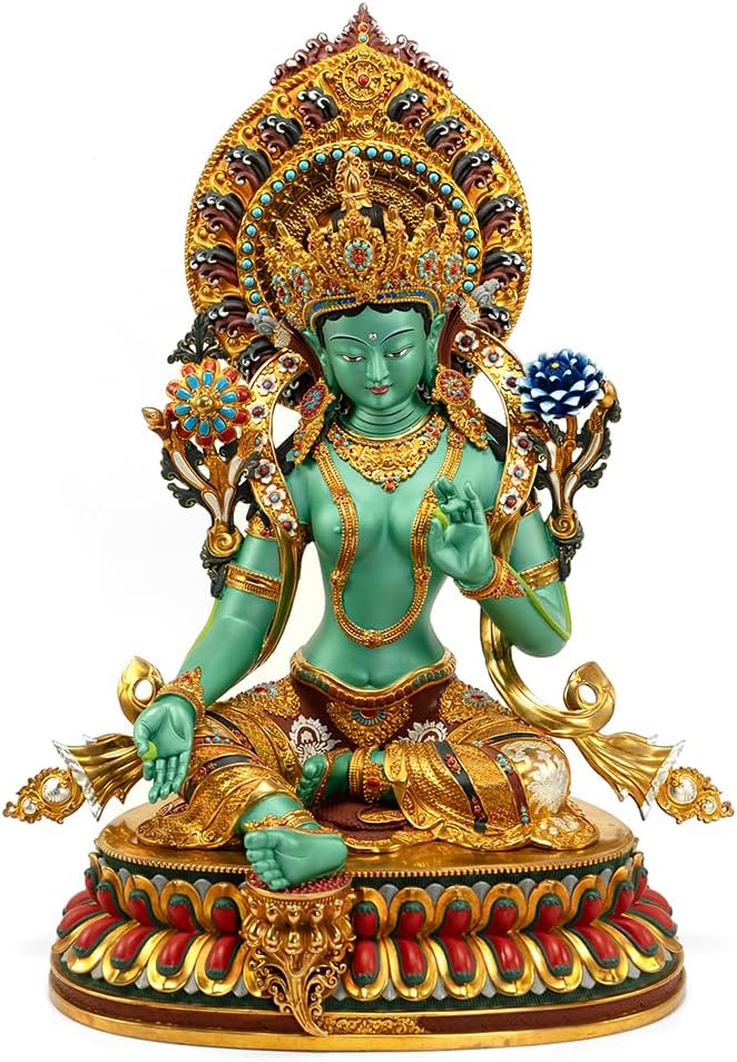 Green Tara Buddha Statue for Zen Decor Indoor, Tibetan Buddhism Handmade Copper Sculpture, Hand-Painted Colored Buddhist Budda, 10.62"