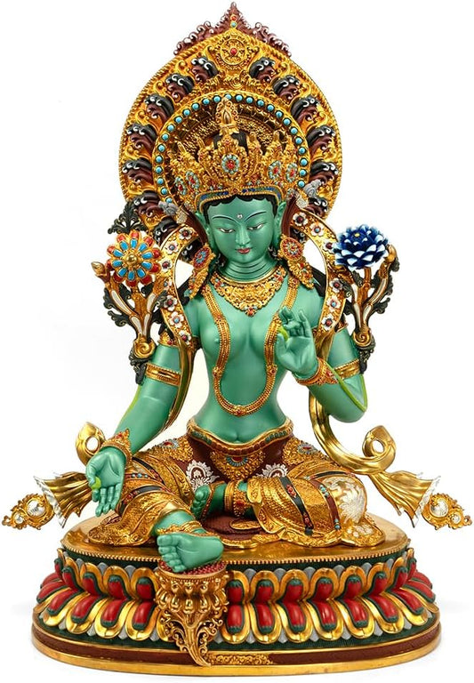 Green Tara Buddha Statue for Zen Decor Indoor, Tibetan Buddhism Handmade Copper Sculpture, Hand-Painted Colored Buddhist Budda, 10.62"
