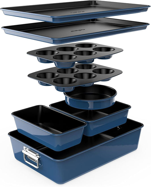 NutriChef 8-Piece Nonstick Stackable Bakeware Set - PFOA, PFOS, PTFE Free Baking Tray Set w/Non-Stick Coating, 450°F Oven Safe, Round Cake, Loaf, Muffin, Wide/Square Pans, Cookie Sheet (Blue)