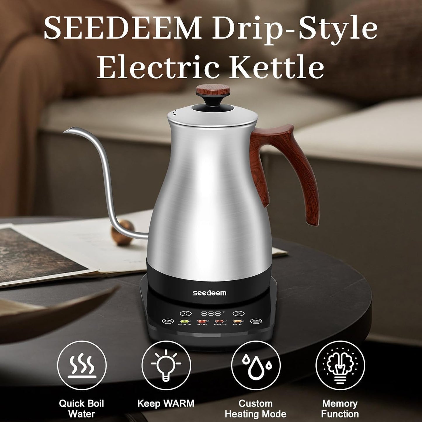 SEEDEEM Gooseneck Electric Kettle, 1L 1200W Touch Screen Pour-Over Kettle with 4 Heating Modes, ±1℉ Temp Control, Keep Warm Function, for Tea & Coffee, Silver
