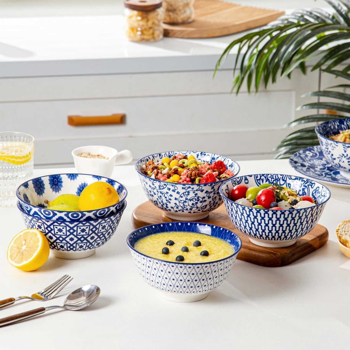 Ceramic Soup Bowls Set - 24 Oz Deep Cereal Bowl for Kitchen - 6 Inch Large Porcelain Dinner Bowl Eating Salad Pasta Dessert Oatmeal - Microwave Dishwasher Safe - Set of 6 - Vintage Blue