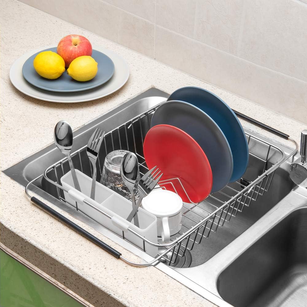 SANNO Dish Drying Rack, Expandable Dish Drainer Over Sink in Sink On Counter with Utensil Silverware Storage Holder, Rustproof Stainless Steel