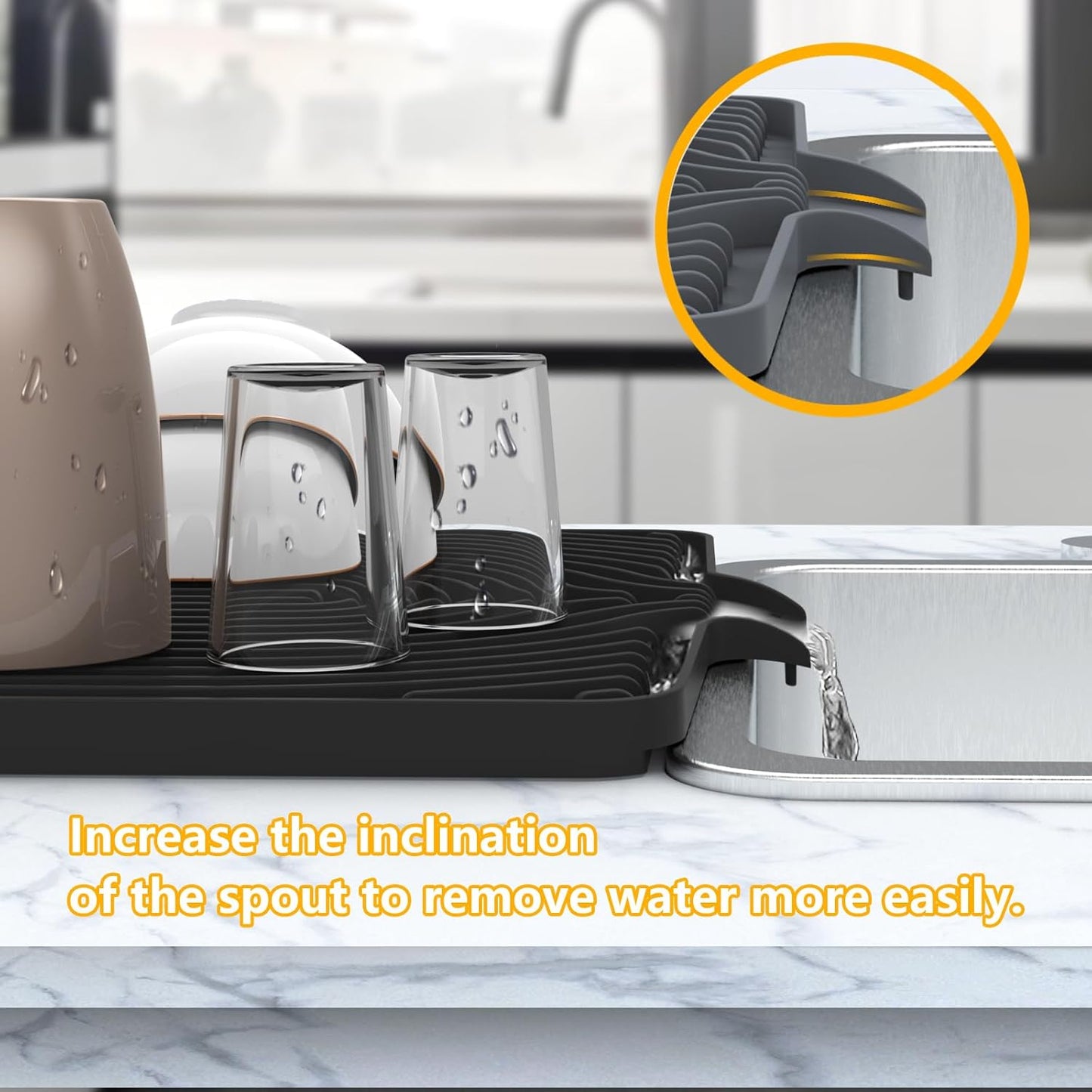 Kitchen Drying Mat,Raised Edge 18"×12"Silicone Dish Drying Mat with Drain Spout for Kitchen Counter, Kitchen Mat for Dishes Drying, (black)