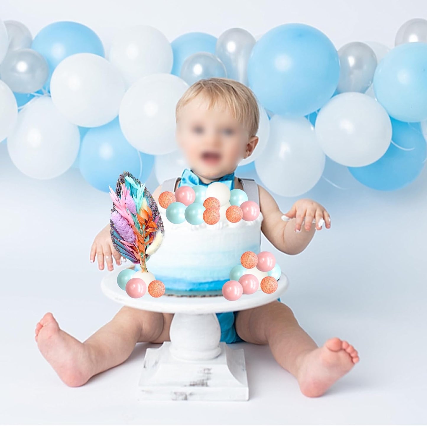 Gyufise 21 Pack Flower Boho Cake Topper Ball Cake Decorations Palm Leaves Plants Cake Decor for Girl Bohemian Princess Theme Wedding Baby Shower Birthday Party Supplies Pink Blue