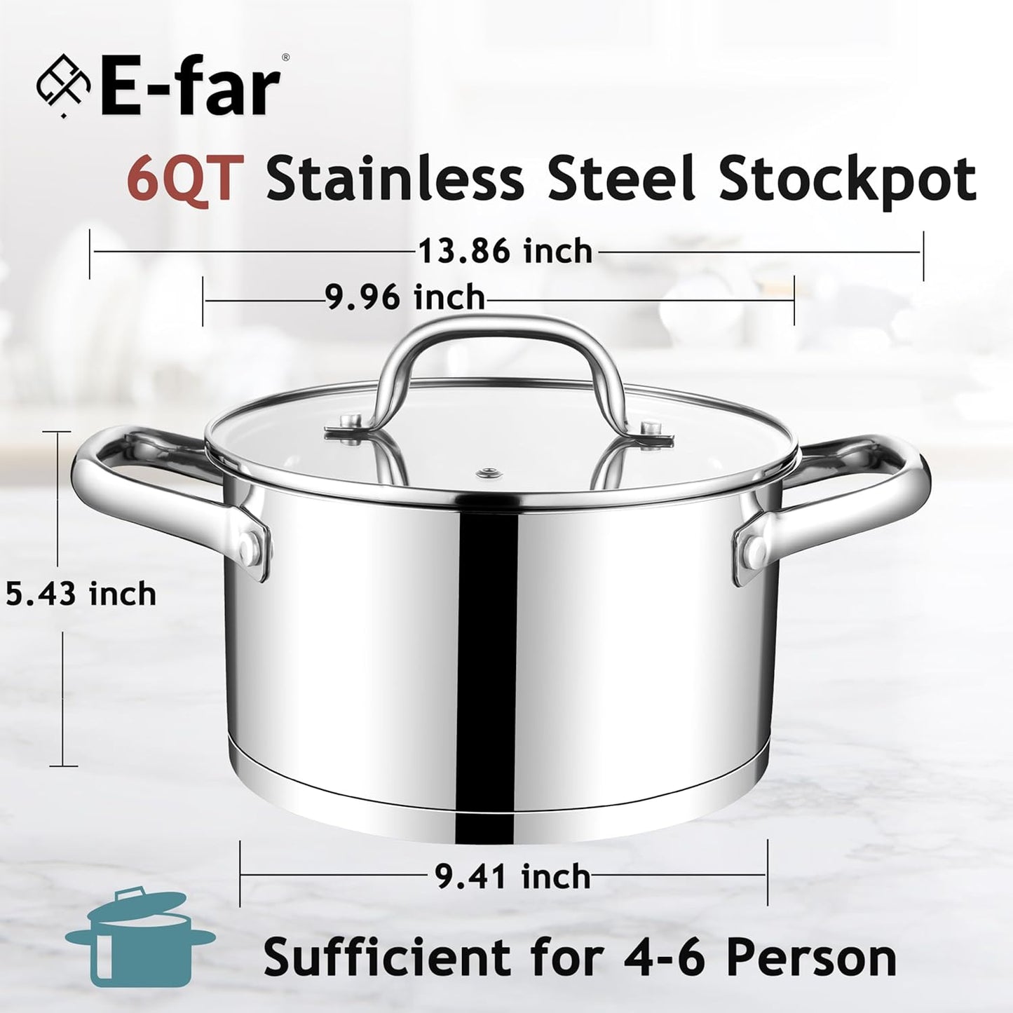 E-far 6 Quart Stock Pot with Lid, Stainless Steel Stockpot for Cooking Simmering Soup Pasta Sauce, with Tri-Ply Bottom & Visible Cover, Induction/Gas/Dishwasher Safe, Heavy Duty & Non Toxic