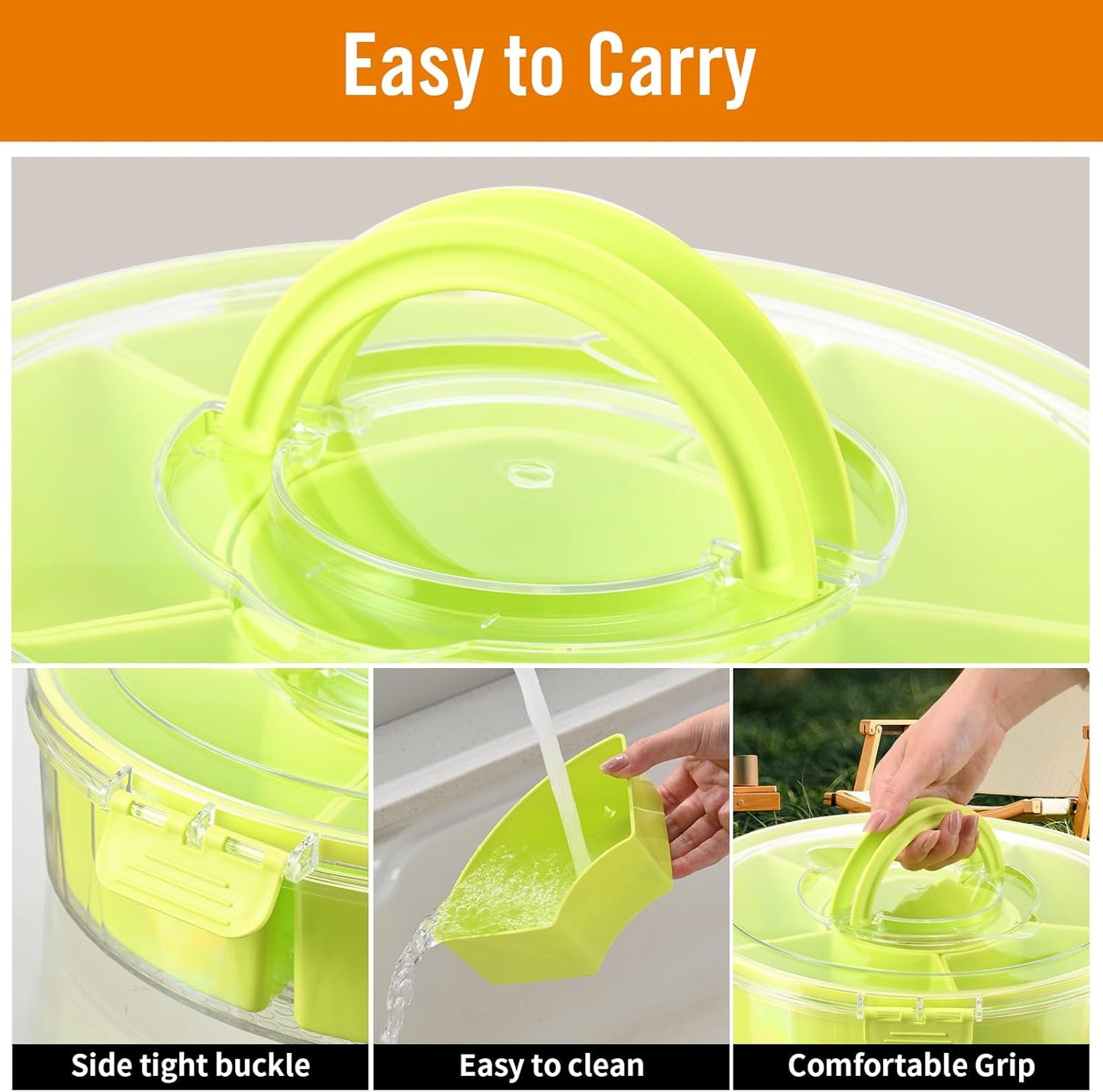 Rotating Serving Tray with Lid, 8-Section Divided Container, Portable Snack Organizer for Fruits, Candy, Nuts, Vegetables, Party Platter