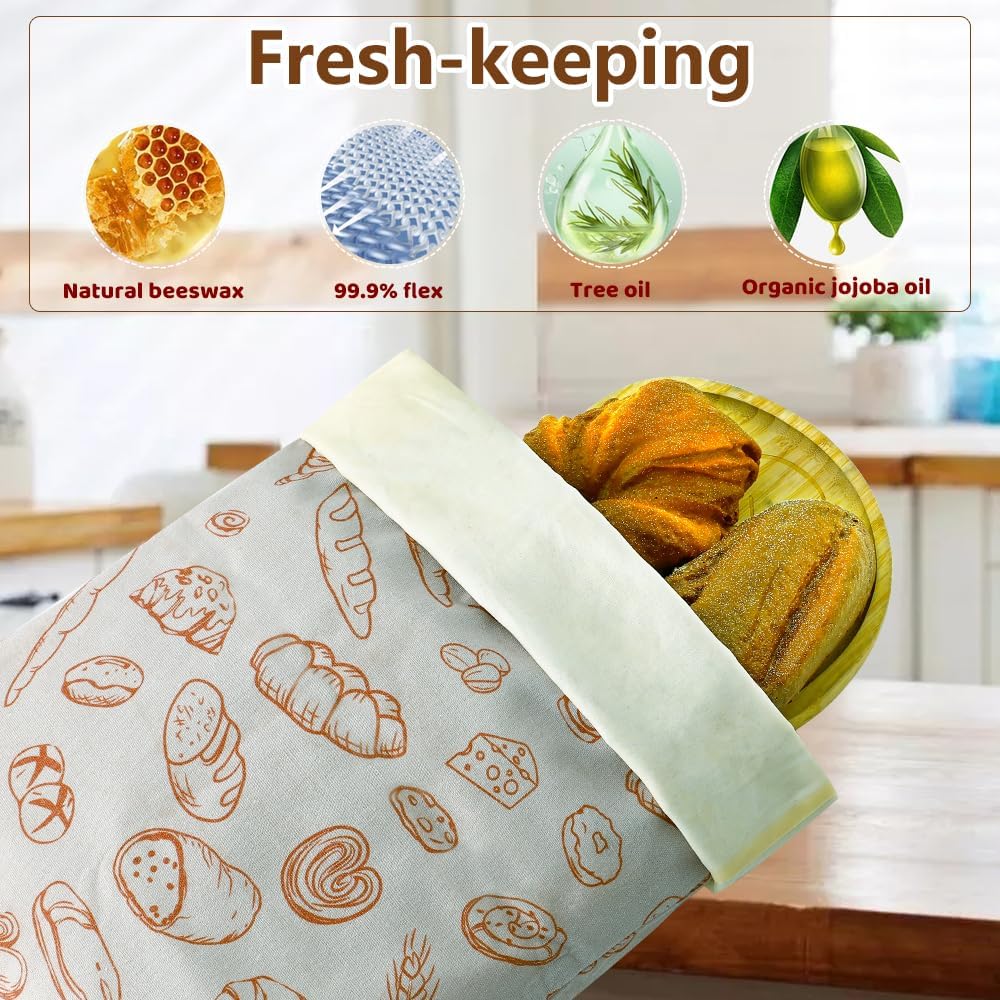 Bread Bags for Homemade bread,2 Pack Sourdough Bread Bags,Beeswax Bread Bags for Bourdough,Reusable Bread Storage