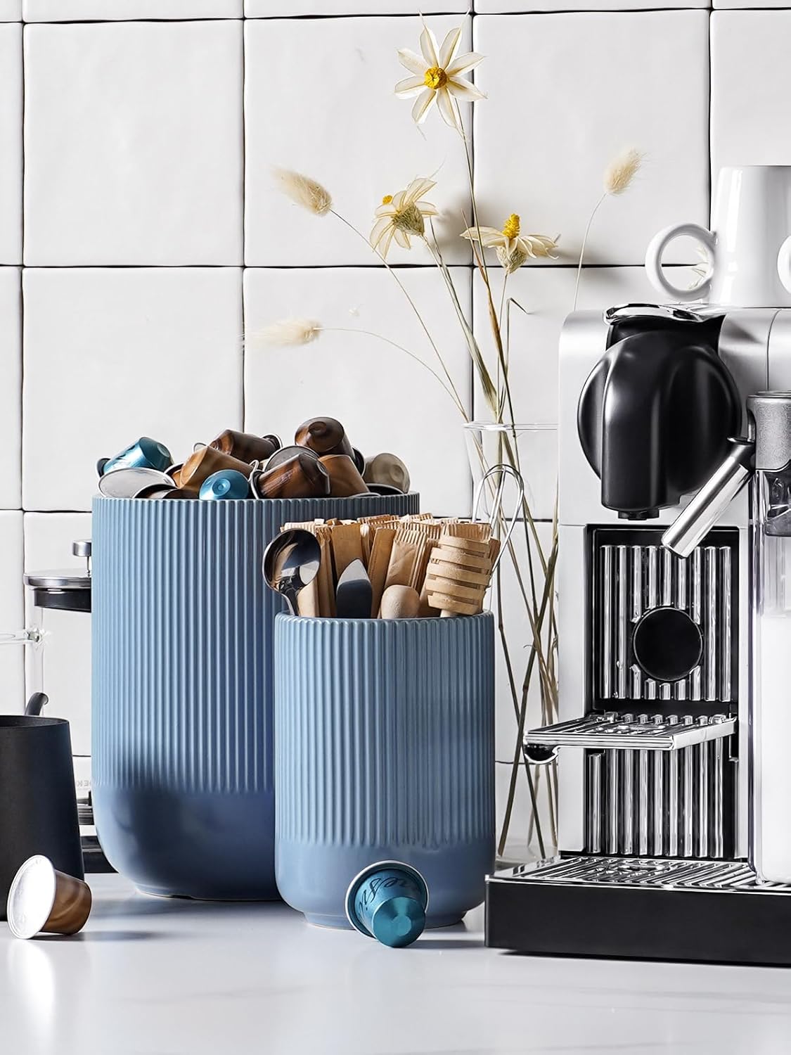 LE TAUCI Utensil Holder, 7.3"+5.4" Ceramic Kitchen Utensil Holder for Countertop, Large Cooking Utensil Crocks for Kitchen Counter, Morden Utensil Organizer for Spatula, Set of 2, Dusty Blue