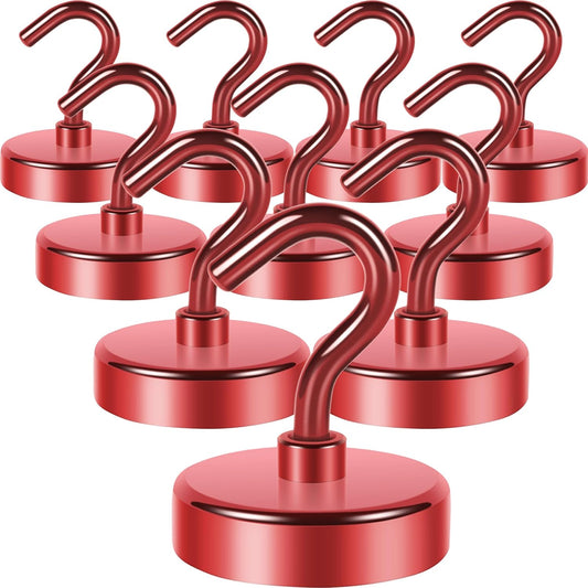 Neosmuk Magnetic Hooks Heavy Duty,Strong Magnet with Hook for Fridge, Super Neodymium Extra Strength Industrial Hooks for Hanging, Magnetic Hanger for Toolbox, Cruise, Grill(Red,10 Pack)