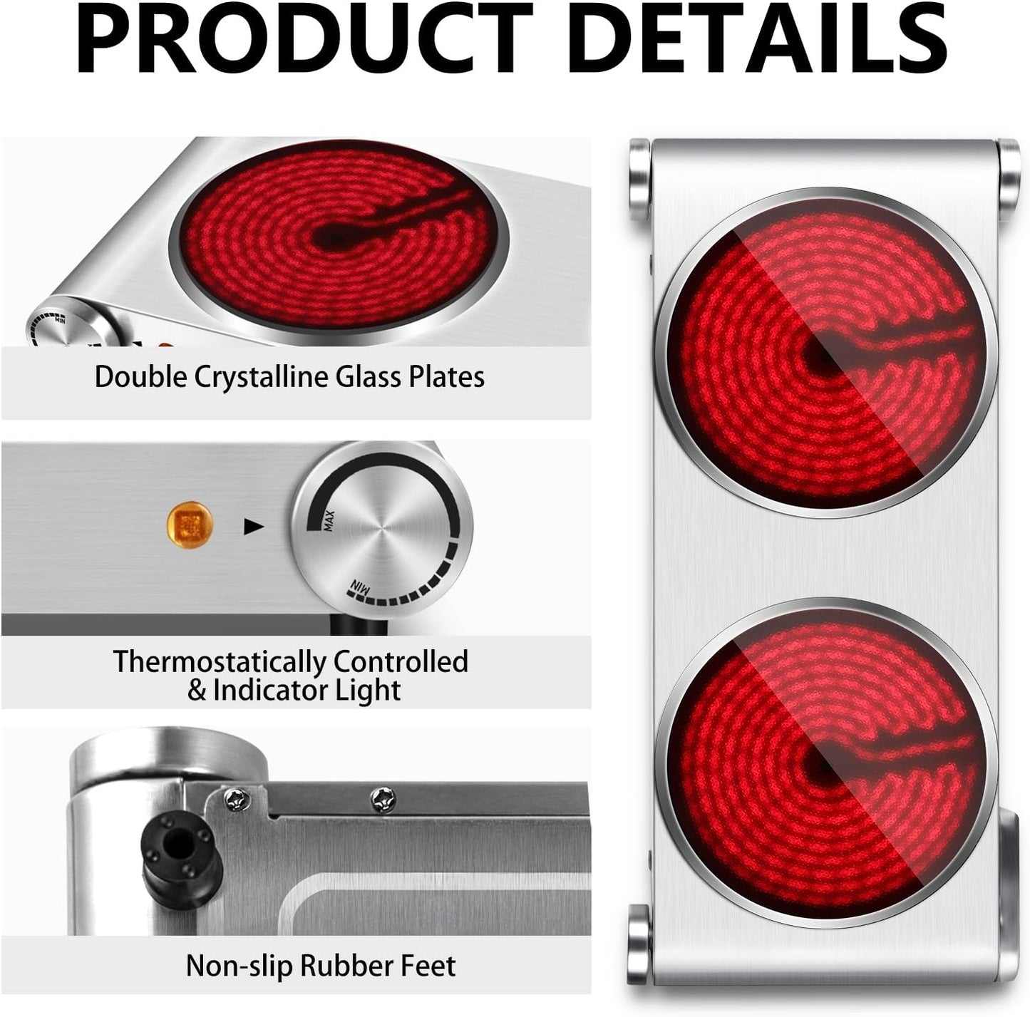 Double Burner, CUSIMAX Electric Burner 1800W Ceramic Hot Plate for Cooking, Glass Plate Infrared Burner, Portable Dual Control Electric Cooktop, Stainless Steel-Upgraded Version