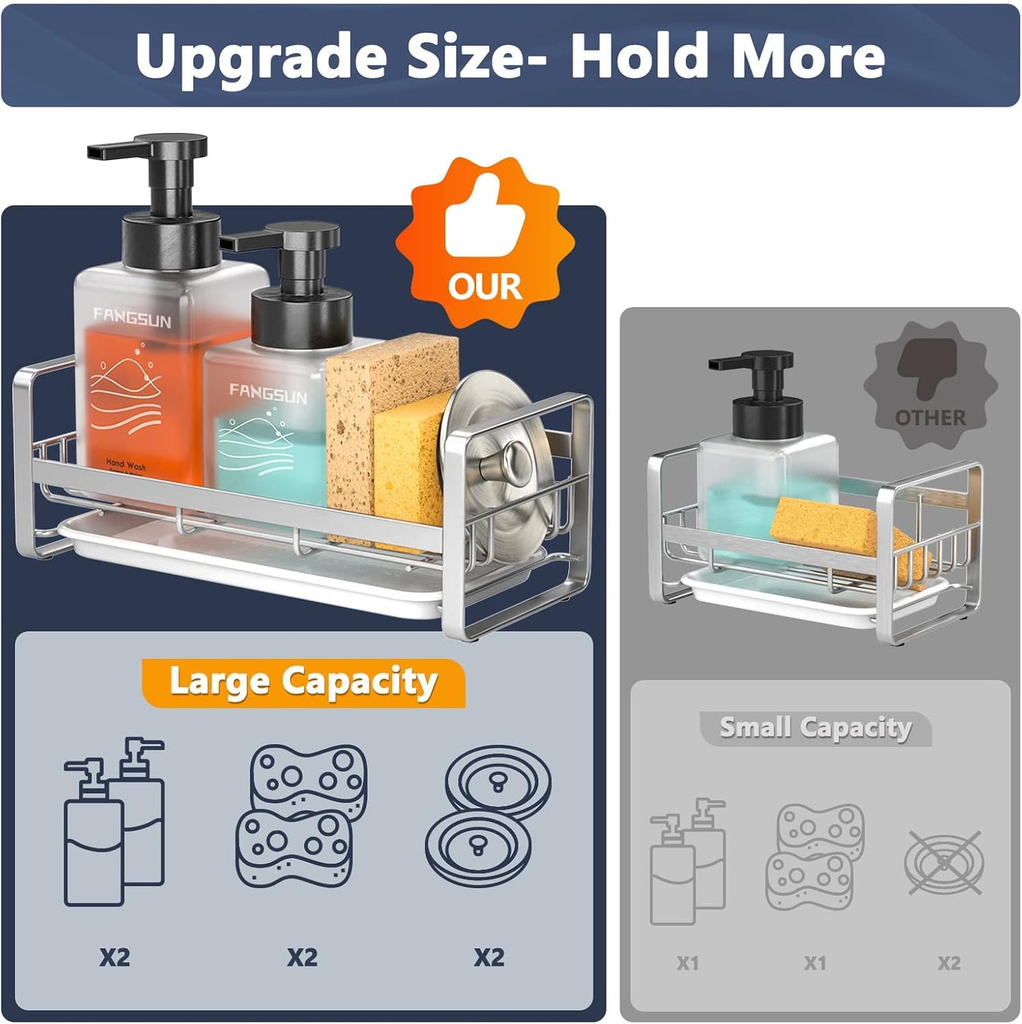 FANGSUN Large Sponge Holder for Kitchen Sink, 304 Stainless Steel Sink Caddy Organizer with Removable Drip Tray, Kitchen Countertop Dish Soap Holder, Not Include Soap Dispenser, Grey