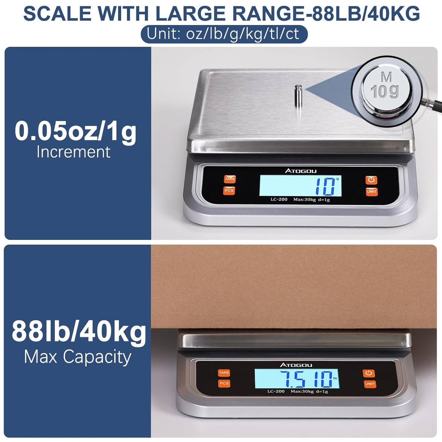 88lb Food Scale, Commercial Kitchen Scale Plug-in Usable with Full View LCD Display, Stainless Steel, for Baking, Bread, Cooking, Meat, Vegetables, Farm, Industry LC200