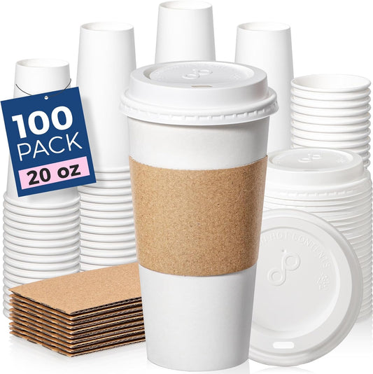 Fit Meal Prep 100 Pack 20 oz Disposable Coffee Cups with Lids, Sleeves, Leak-Proof To Go Coffee Cups with Lids, Durable Hot Paper Cups for Home, Office, Party, Business