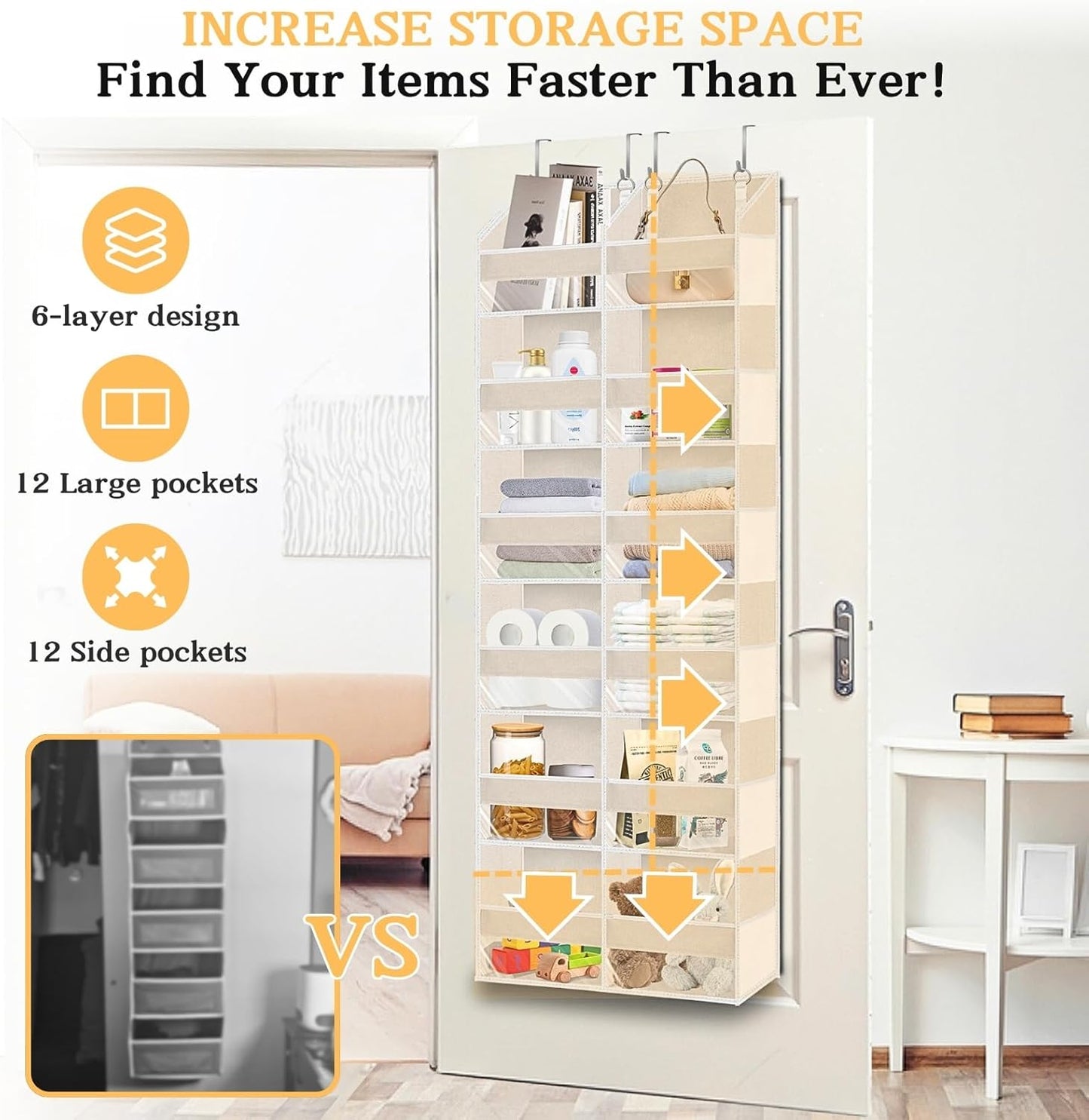 Over the Door Organizer 6 Tiers, Extra Large Behind Door Storage of 12 Compartments,80 lbs Weight Capacity Hanging Storage Organizer with Clear Window Kids Toys, Shoes, Diapers,Beige