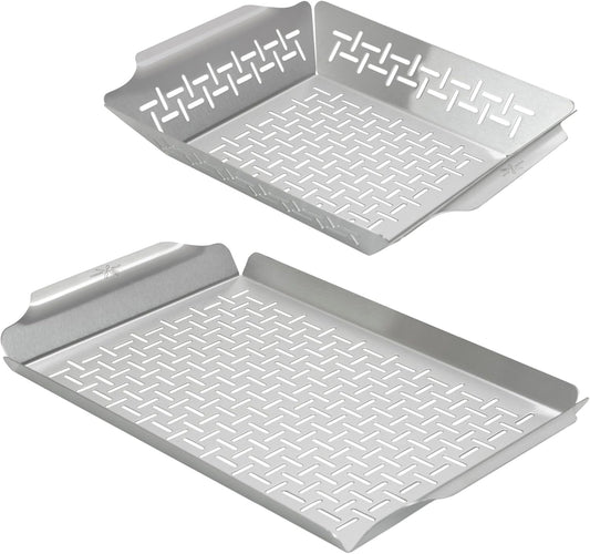 LITTLE GRIDDLE GT-525 Grill Pan and Grill Basket Set, High Sidewalls with Built-in Handles, Stainless Steel & Vented Design - Silver