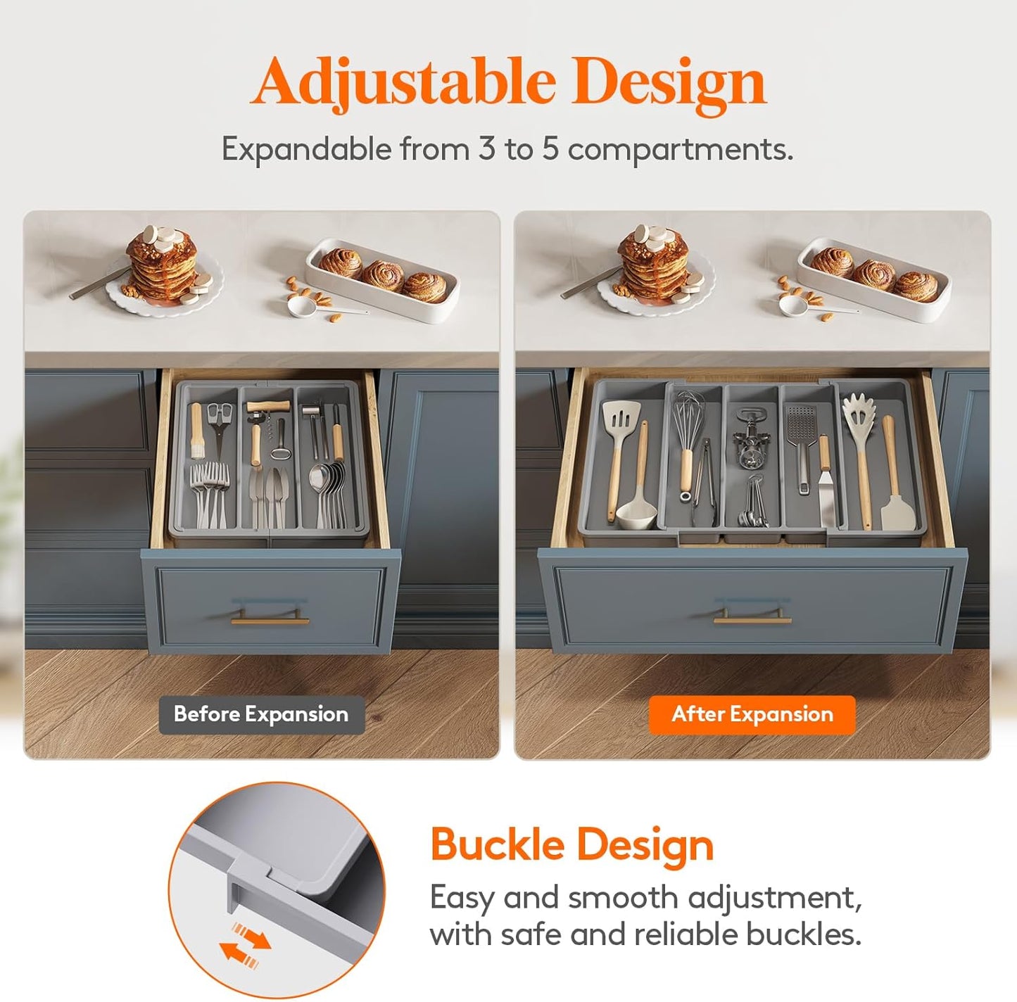 Lifewit Plastic Utensil Organizer for Kitchen Drawers, Expandable 13 to 22.4 Inches Wide, Adjustable Cutlery Silverware Flatware Holder, Kitchen Spatula Tools and Gadgets Storage Divider, Large, Gray