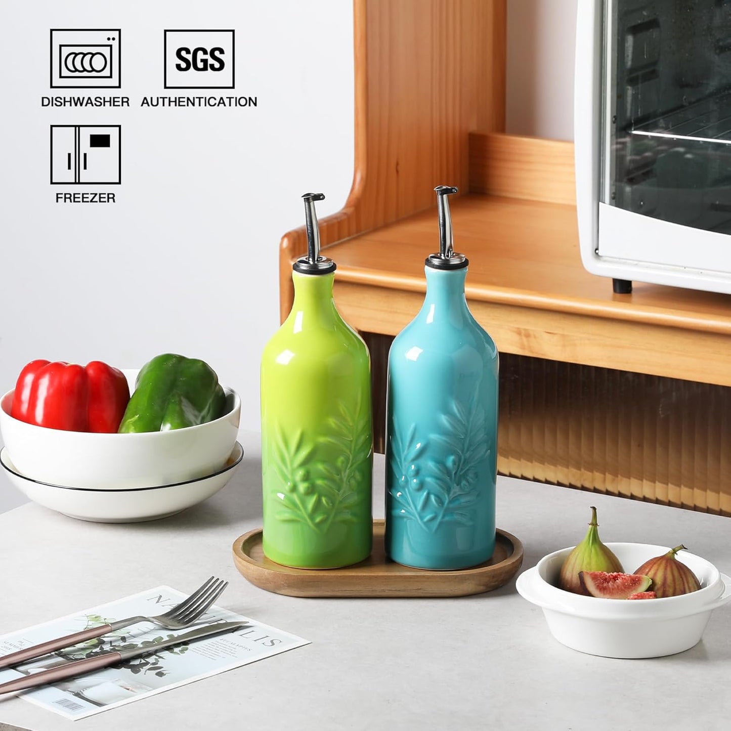 Sweejar Ceramic Olive Oil Dispenser Bottle, 20 Oz Relief Opaque Oil Cruet Protects To Reduce Oxidation, Suitable for Storage, Vinegar, Soy Sauce,Liquids,Set of 2 (Gradient Blue Gradient Green)