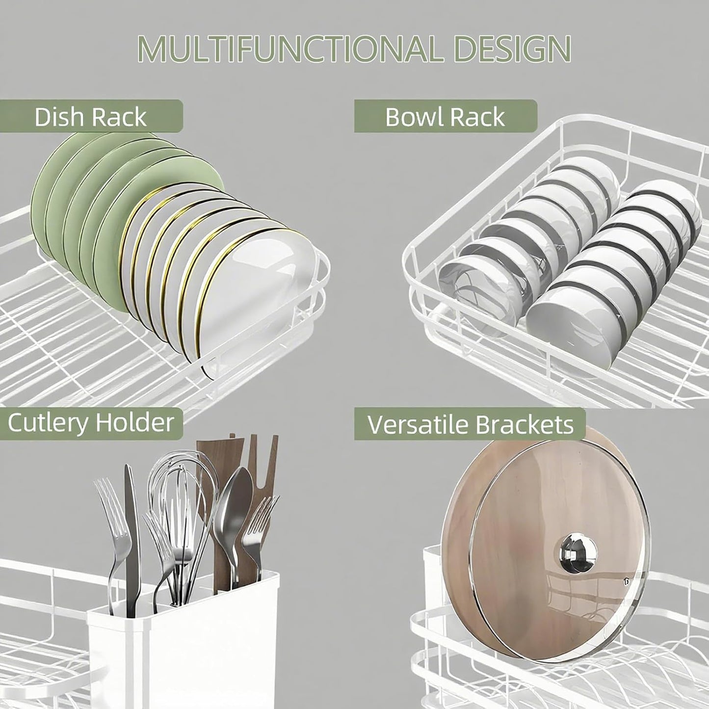 Dish Drying Rack Stainless Steel Drying Racks for Kitchen Counter Large Capacity Storage Racks with Drainboard Curlery Holder Multicolor (White)