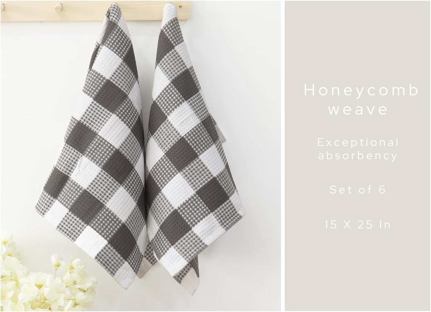 PurpleEssences 100% Cotton Waffle Weave Check Plaid Kitchen Towels, Super Soft and Absorbent Dish Towels for Drying Dishes 15 x 25-6 Pack - Spring Summer - Steel Grey and White