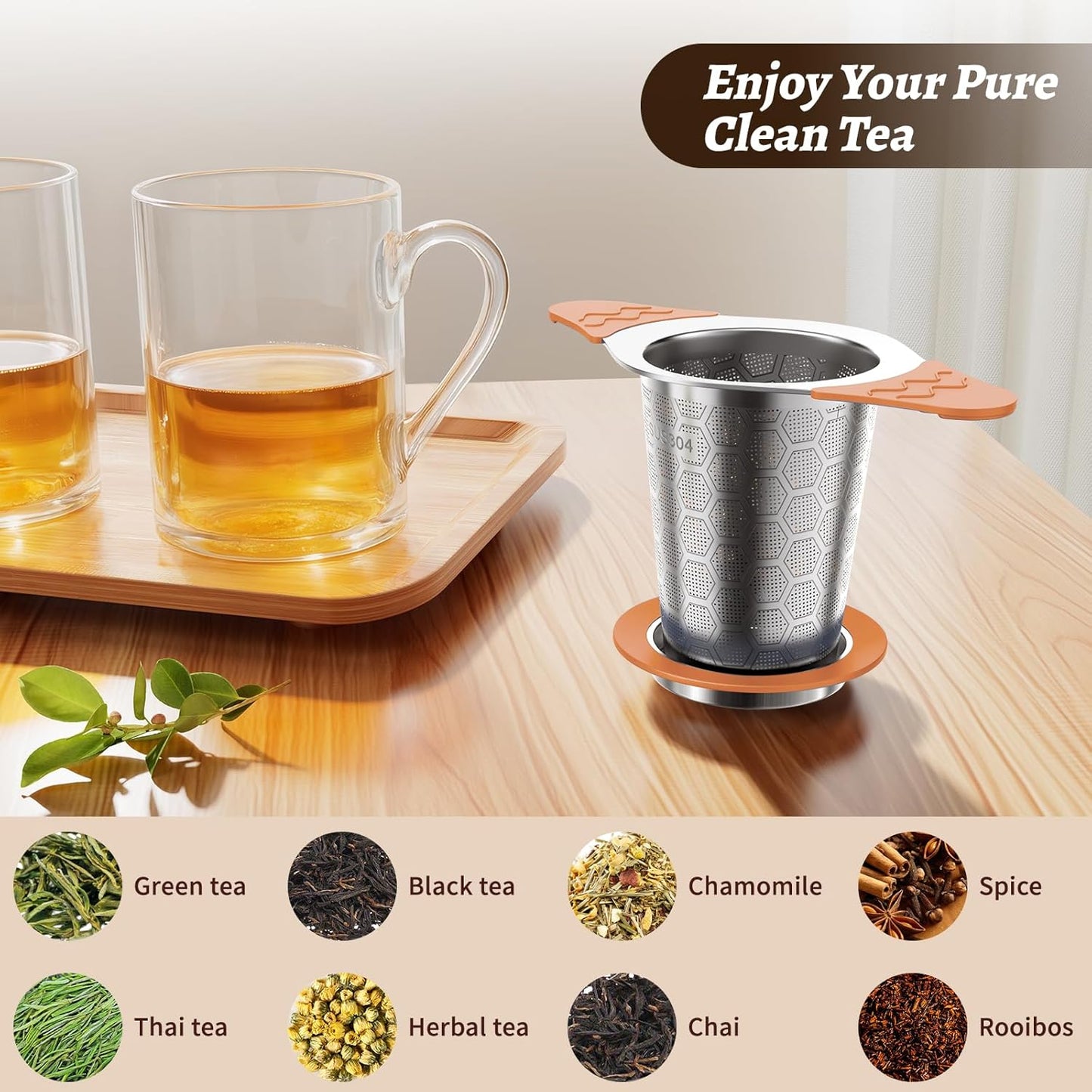 Tea Infuser for Loose Leaf Tea,18/8 Stainless Steel Tea Infuser with Heat Proof Silicone Handles,Extra Fine Mesh Tea Strainers Filter Fine Tea Leaves Effectively,Fits TeaPots/Mugs-Orange