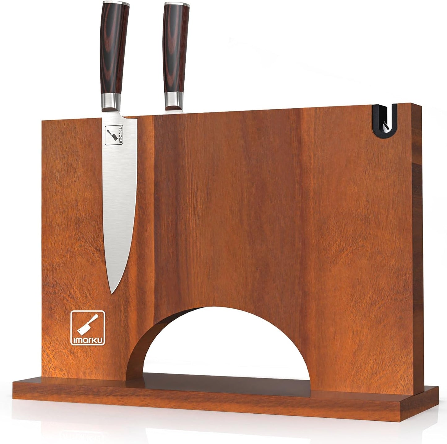 Magnetic Knife Block, Magnetic Knife Holder with Double Sided Magnetic Design, 12×10 Inches Knife Stand with Knife Sharpener, Acacia Wood Knife Storage for Kitchen Counter
