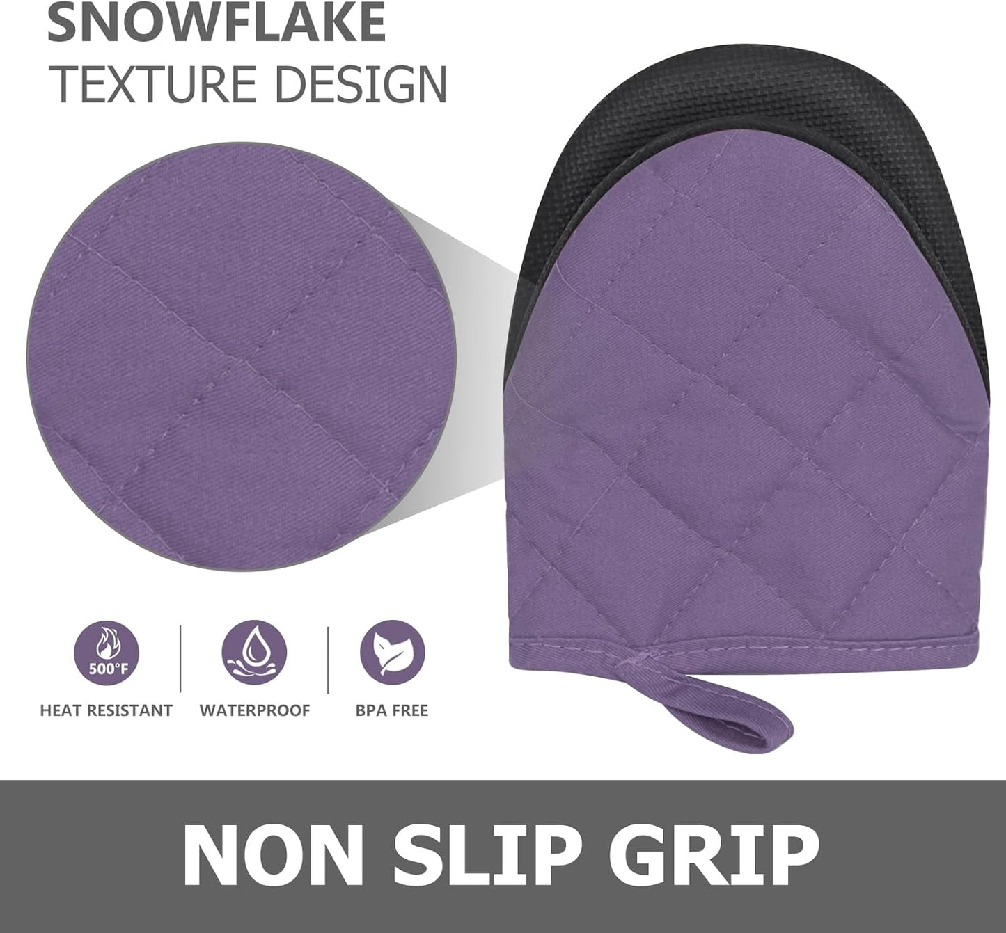 1 Pair Short Oven Mitts - Silicone Kitchen Oven Gloves High Heat Resistant 500℉, Mini Oven Mits with Non-Slip Grip Surfaces and Hanging Loop for BBQ, Baking, Cooking and Grilling (Purple)