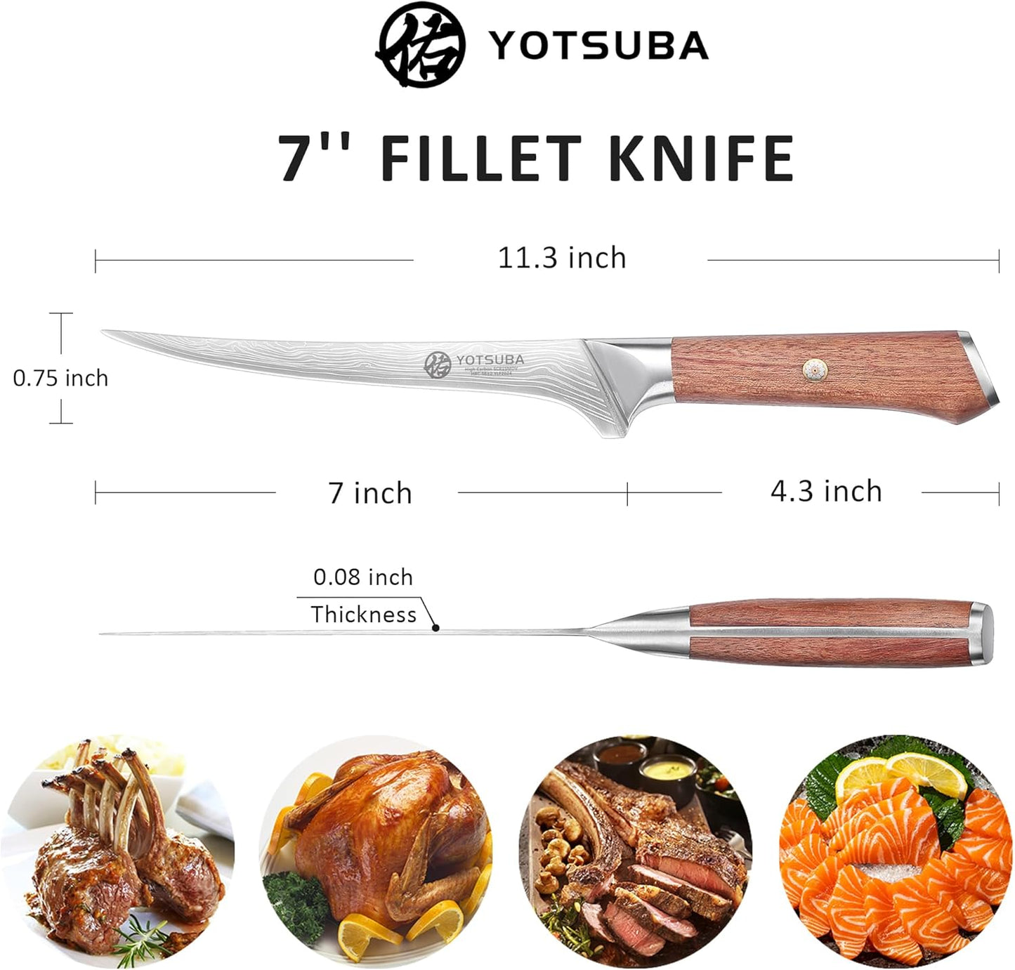 YOTSUBA Fillet Knife, 7 Inch Fish Knives for Filleting, Razor Sharp High Carbon Steel Boning Knife with Ergonomic Rosewood Handle, Professional Fish Knives for Meat with Gift Box