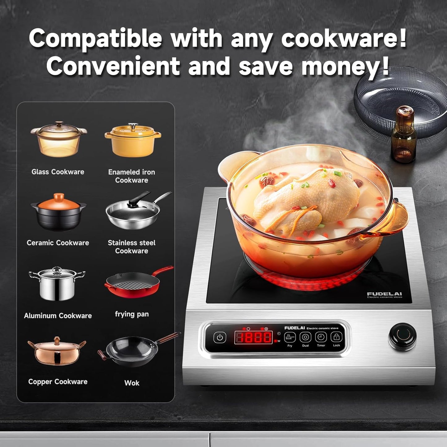 1800W Electric Hot Plate with Infrared Heating & 9 Power Levels - Commercial-Grade Countertop Burner, Ceramic Cooktop with Timer, Child Safety Lock for Home Kitchen, Restaurants