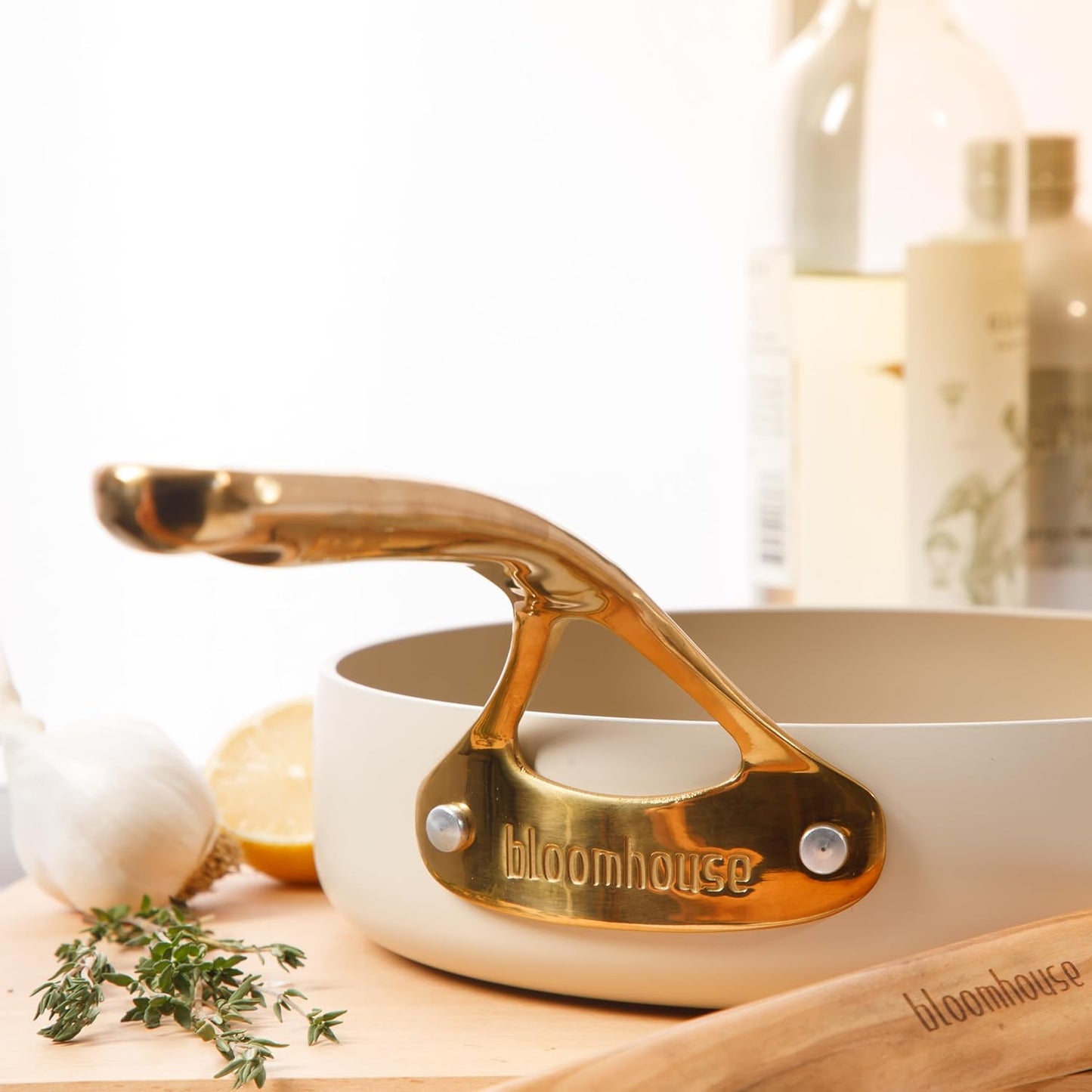 bloomhouse 8 Inch Heavy Duty Aluminum Premium PFA Free Ceramic Nonstick Saute/Deep Frying Pan Skillet - Almond Cream w/Gold Handle